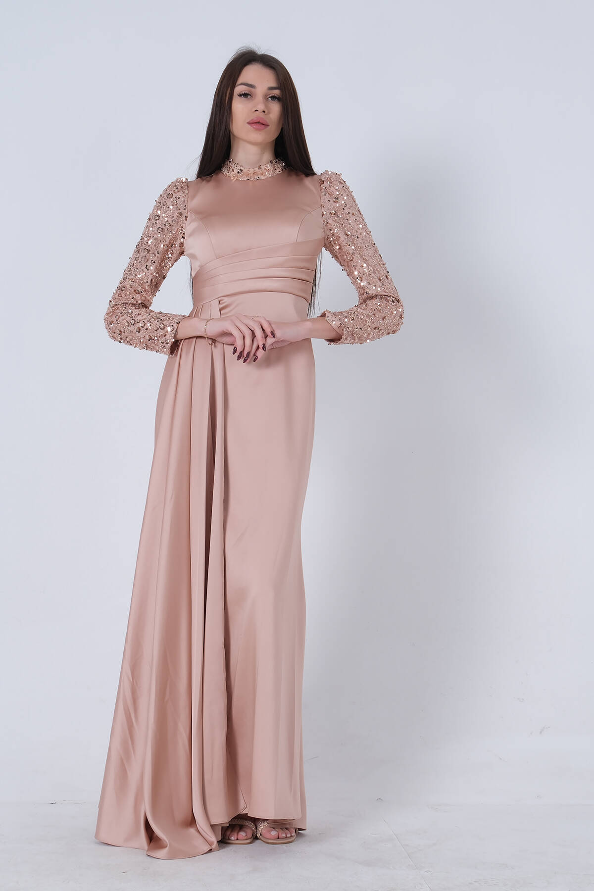 Gold Pul Boncuklu Saten Tesettür Abiye 6502473.122 - Ardanewline (1)