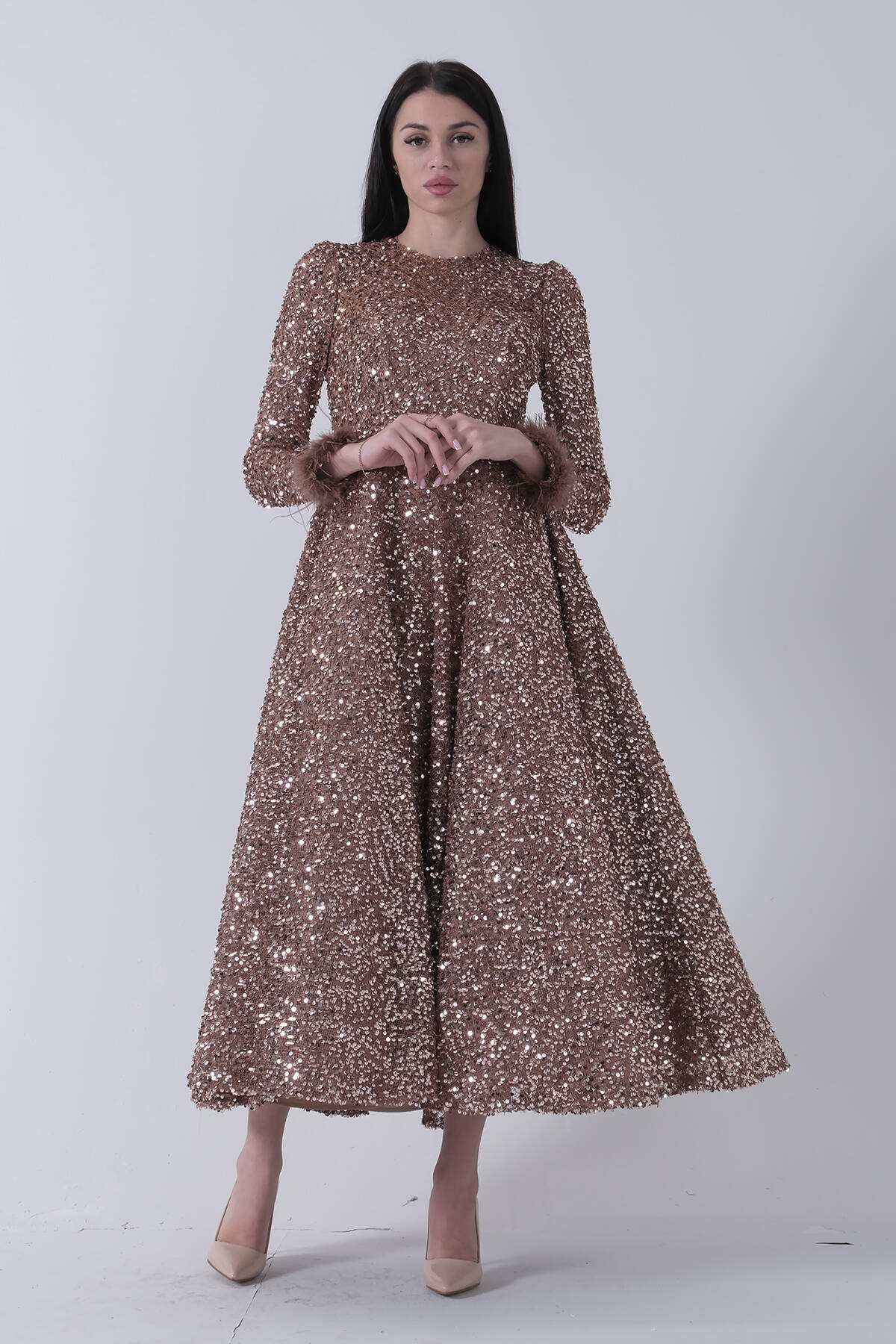 Gold Pul Payetli Kol Ucu Tüylü Tesettür Abiye 6502492.122 - Ardanewline (1)