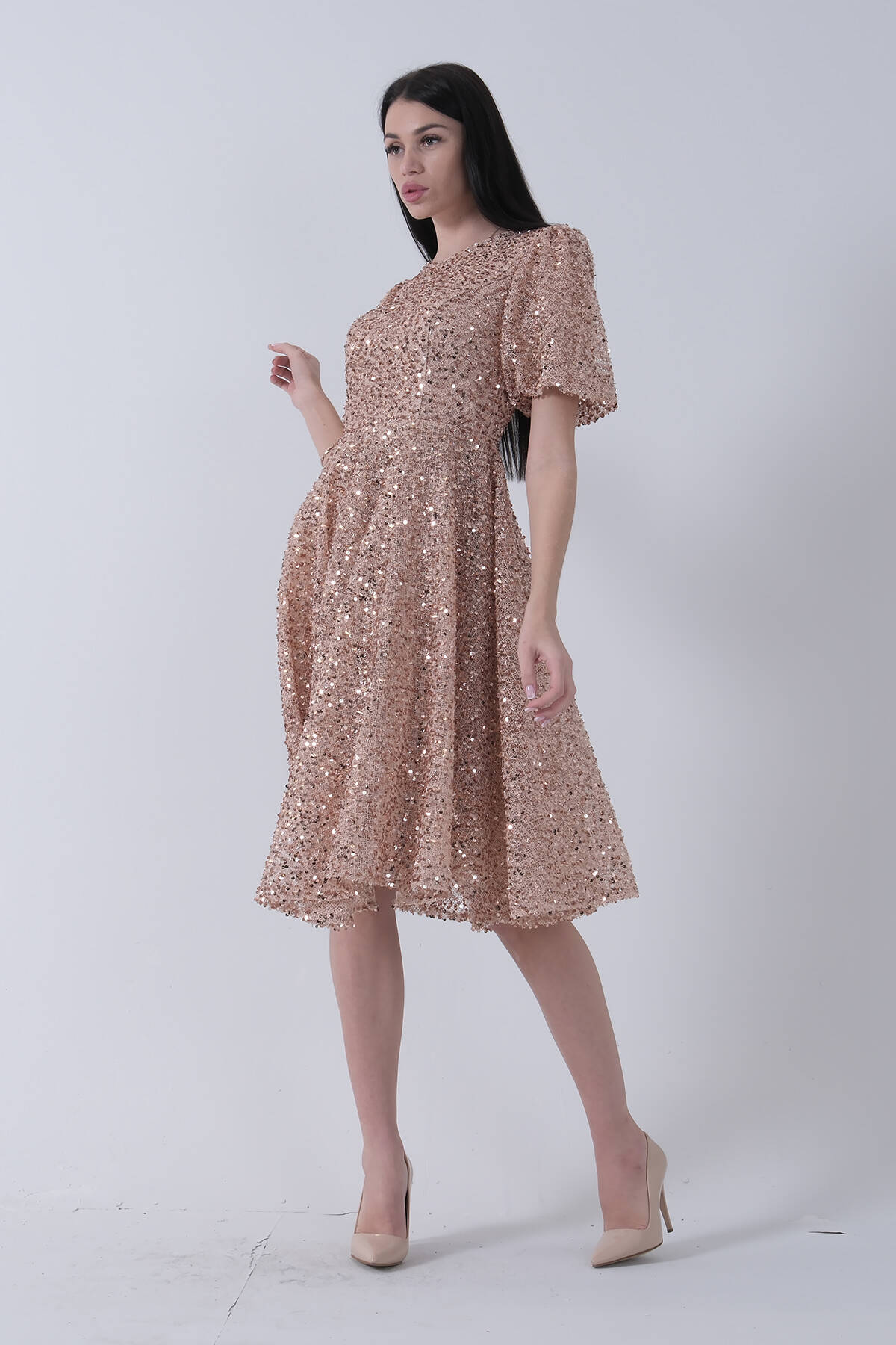 Gold Pul Payetli Midi Boy Kısakol Abiye 6502498.122 - Ardanewline