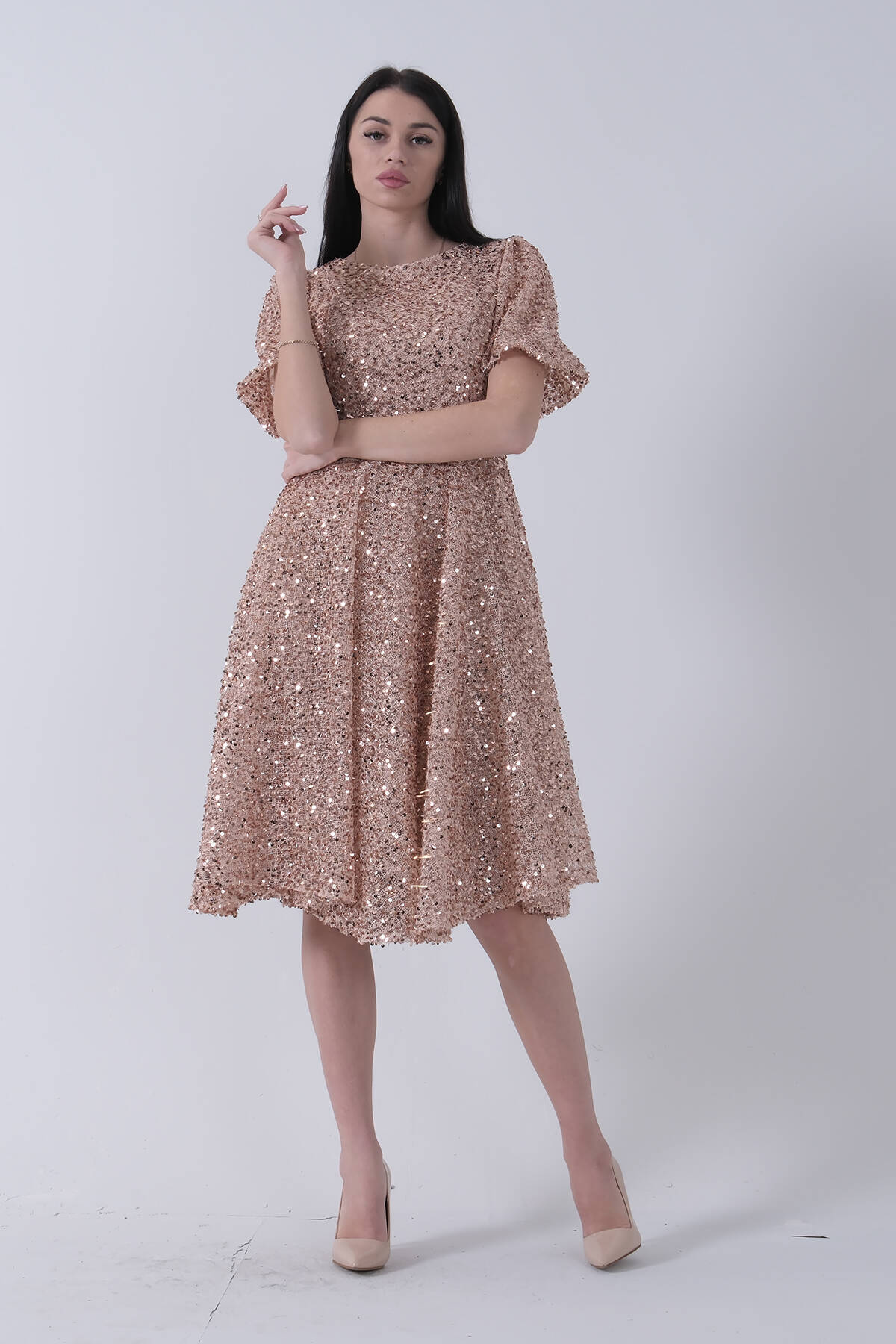 Gold Pul Payetli Midi Boy Kısakol Abiye 6502498.122 - Ardanewline (1)