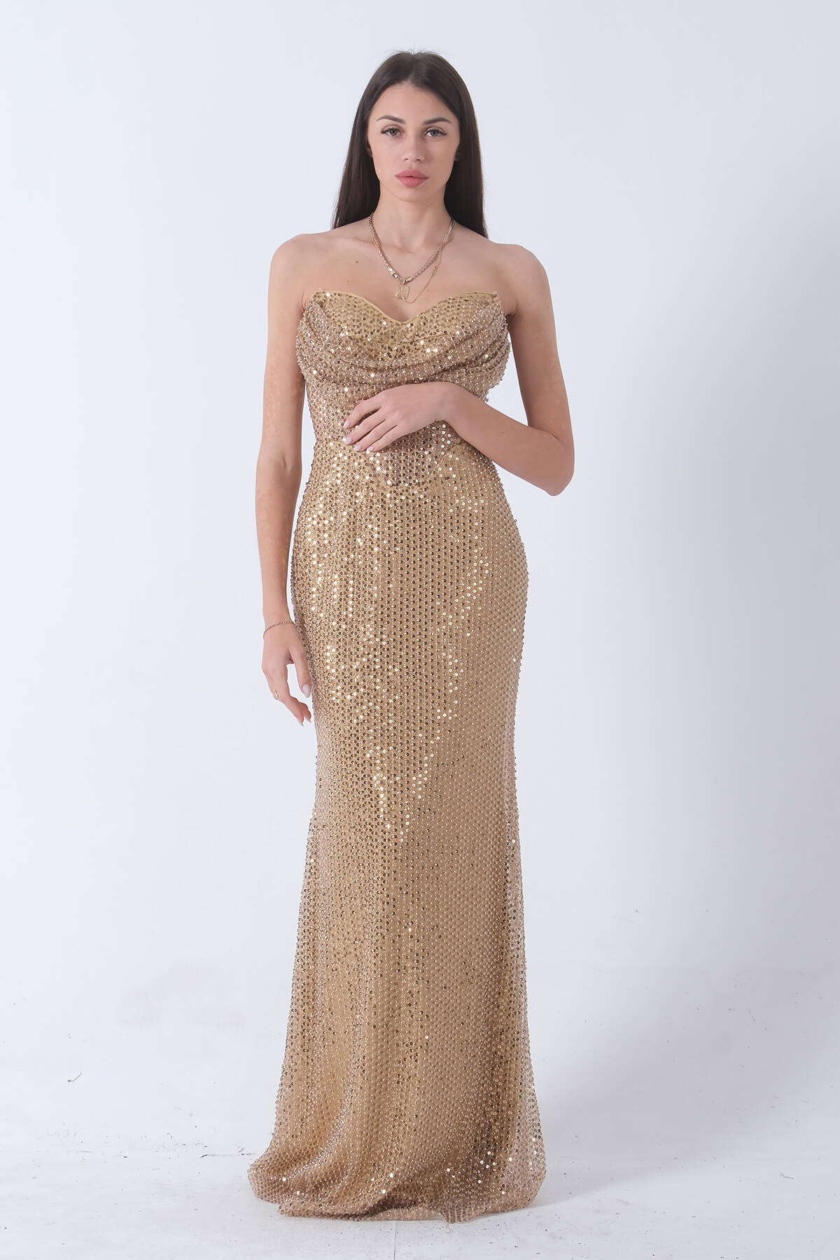 Gold Pul Taş İşlemeli Straplez Balık Abiye 9705304.122 - Ardanewline (1)