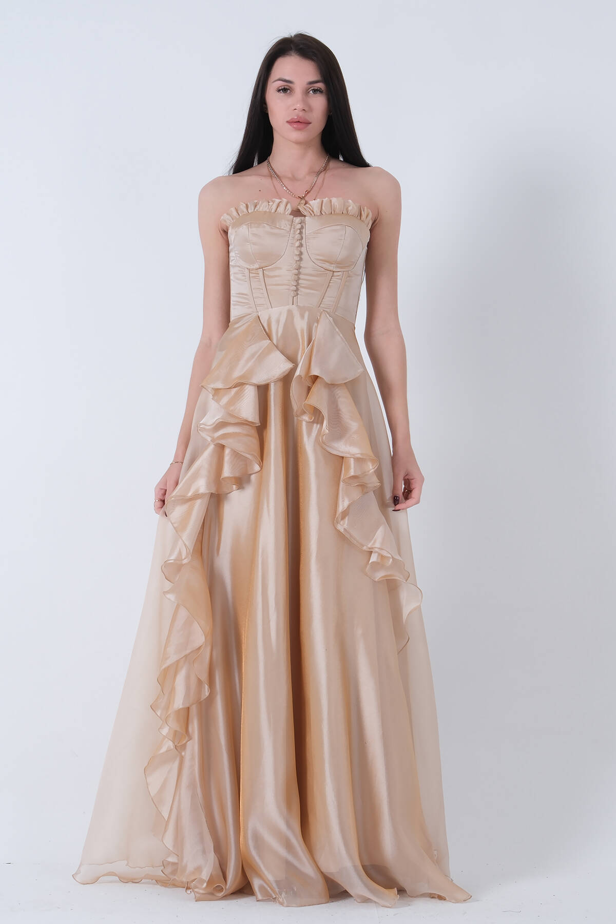 Gold Straplez Yaka Yırtmaçlı Eteği Fırfırlı Abiye 9705234.122 - Ardanewline