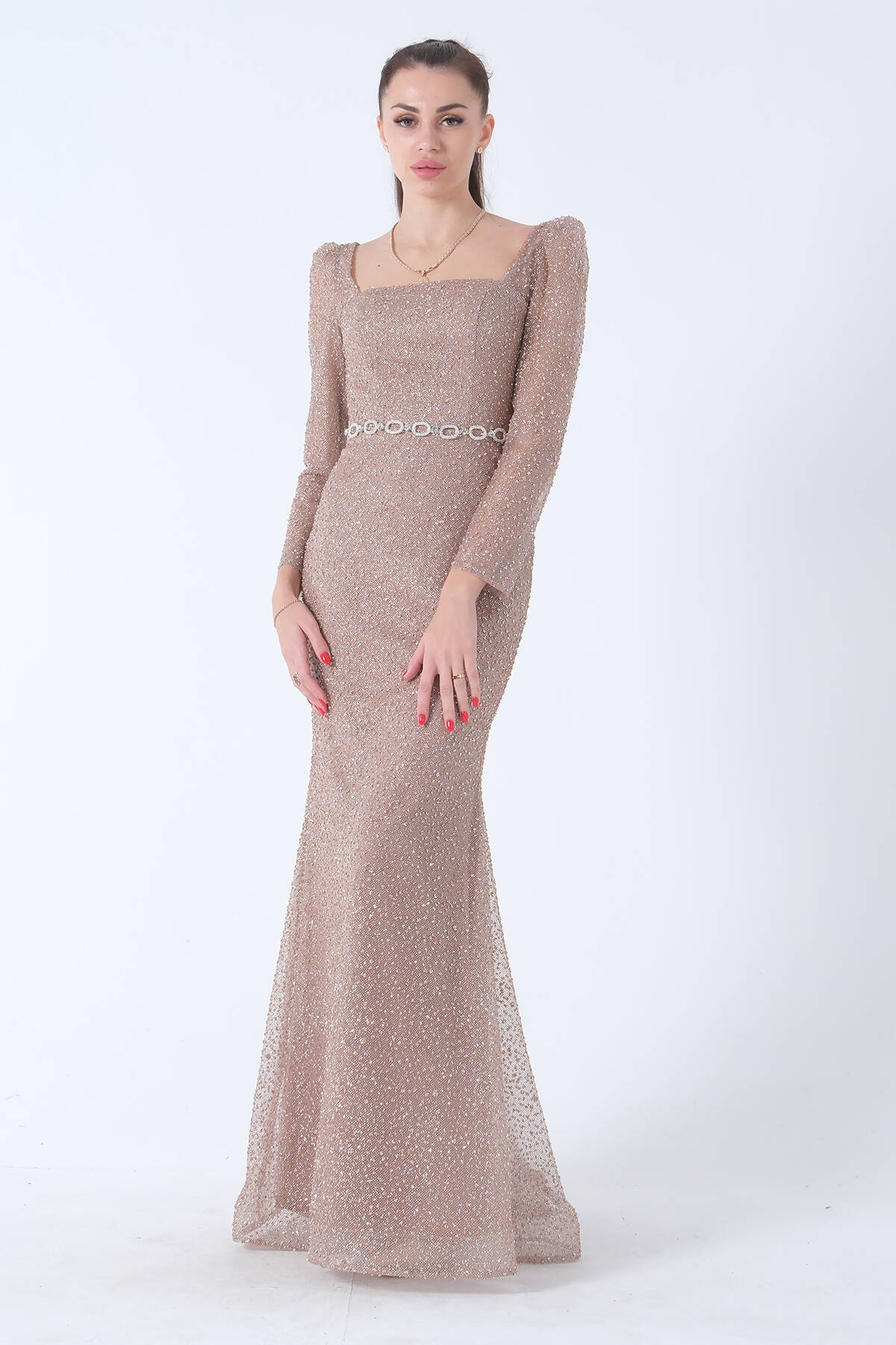 Gold Taş İşlemeli Balık Abiye Elbise 9705141.122 - Ardanewline