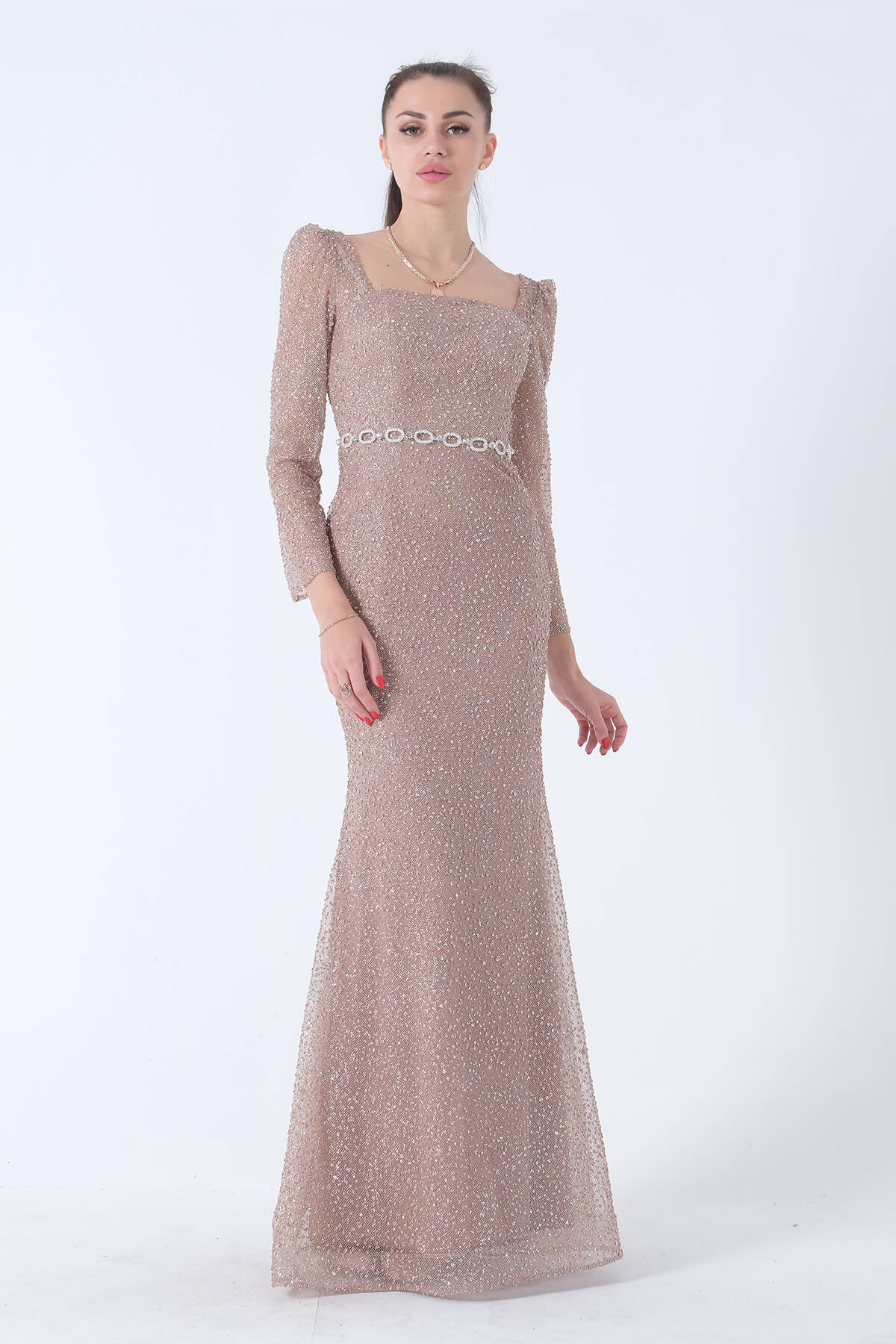 Gold Taş İşlemeli Balık Abiye Elbise 9705141.122 - Ardanewline (1)