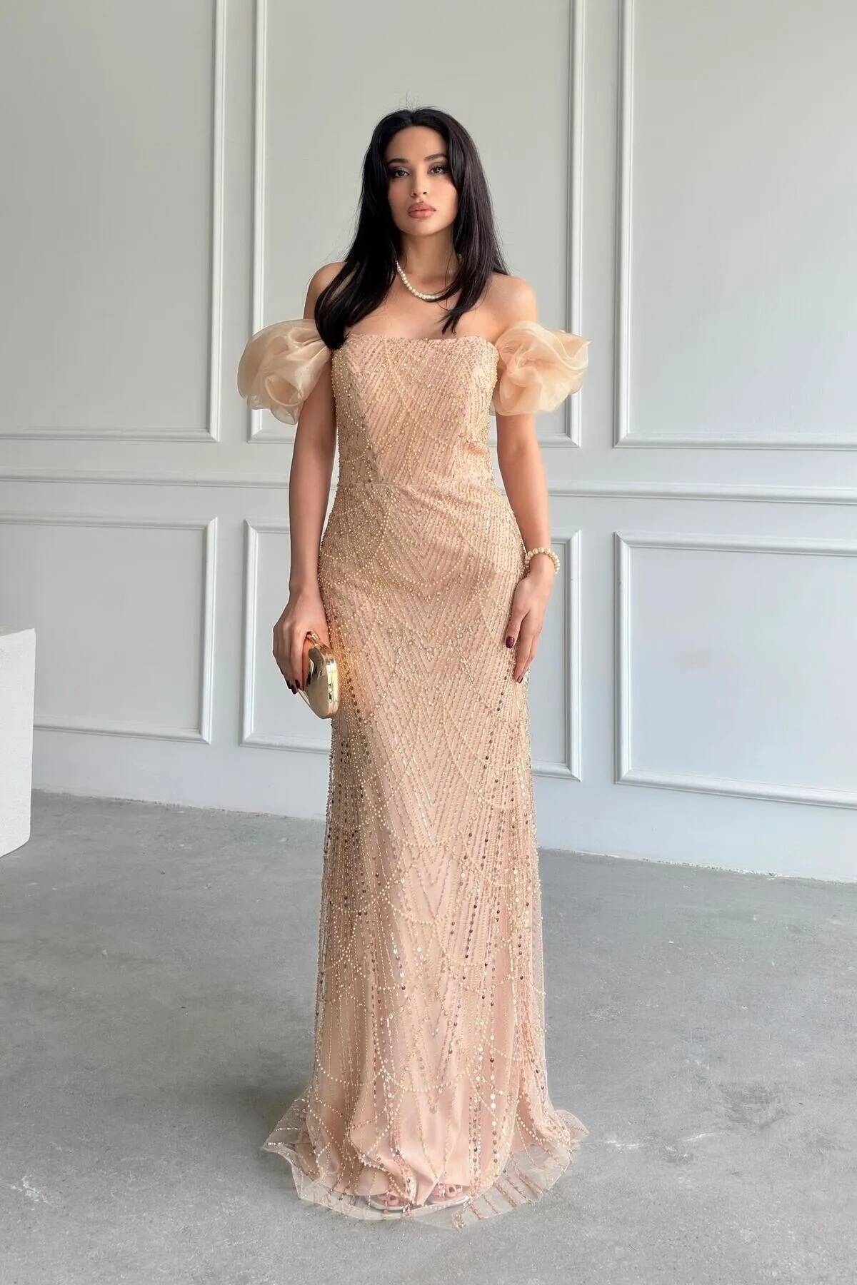 Gold Taş İşlemeli Balon Kol Abiye 0801053.122 - Ardanewline