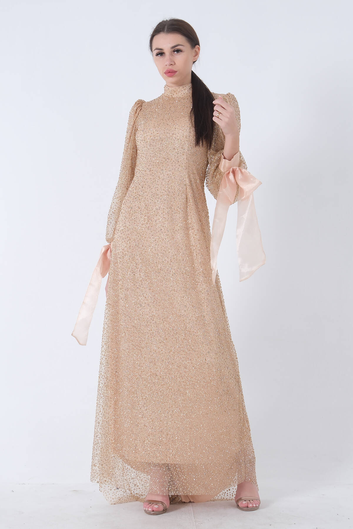 Gold Taş İşlemeli Hakim Yaka Fiyonklu Tesettür Abiye 6502462.122 - Ardanewline