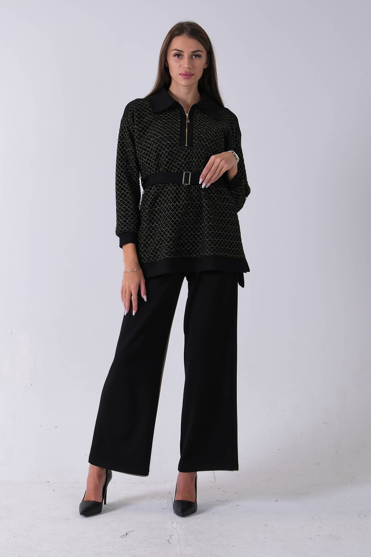 Gold Tunik Yaka Fermuar Kapamalı File Detaylı Pantolonlu Takım 4577283.122 - Ardanewline (1)