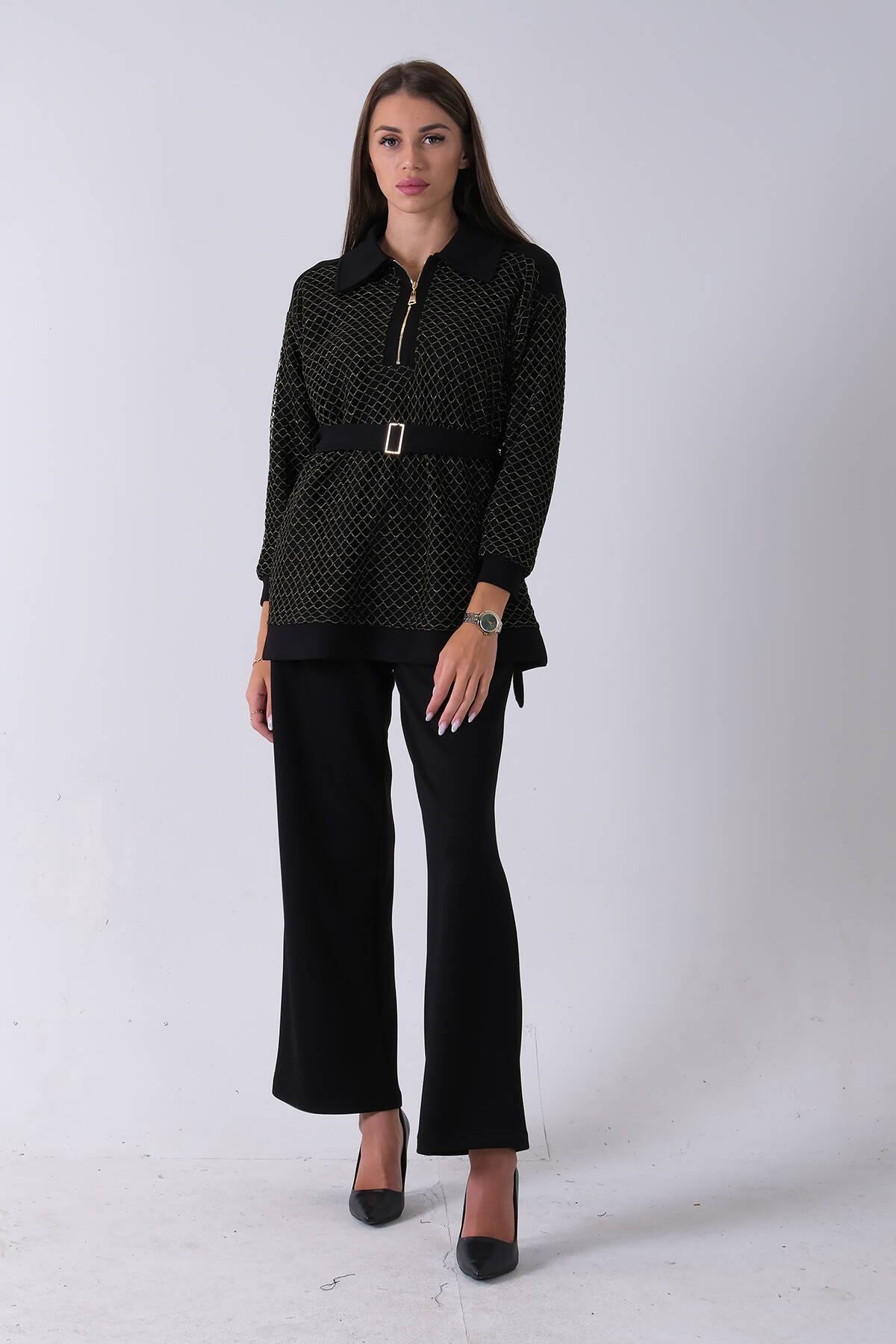 Gold Tunik Yaka Fermuar Kapamalı File Detaylı Pantolonlu Takım 4577283.122 - Ardanewline