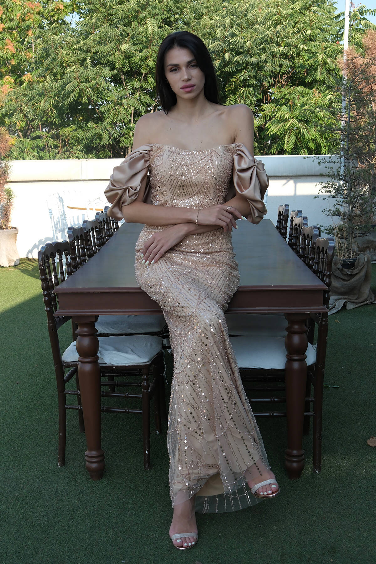 Gold Üzeri Taş Boncuk İşlemeli Balon Kol Abiye 9705417.122 - Ardanewline (1)