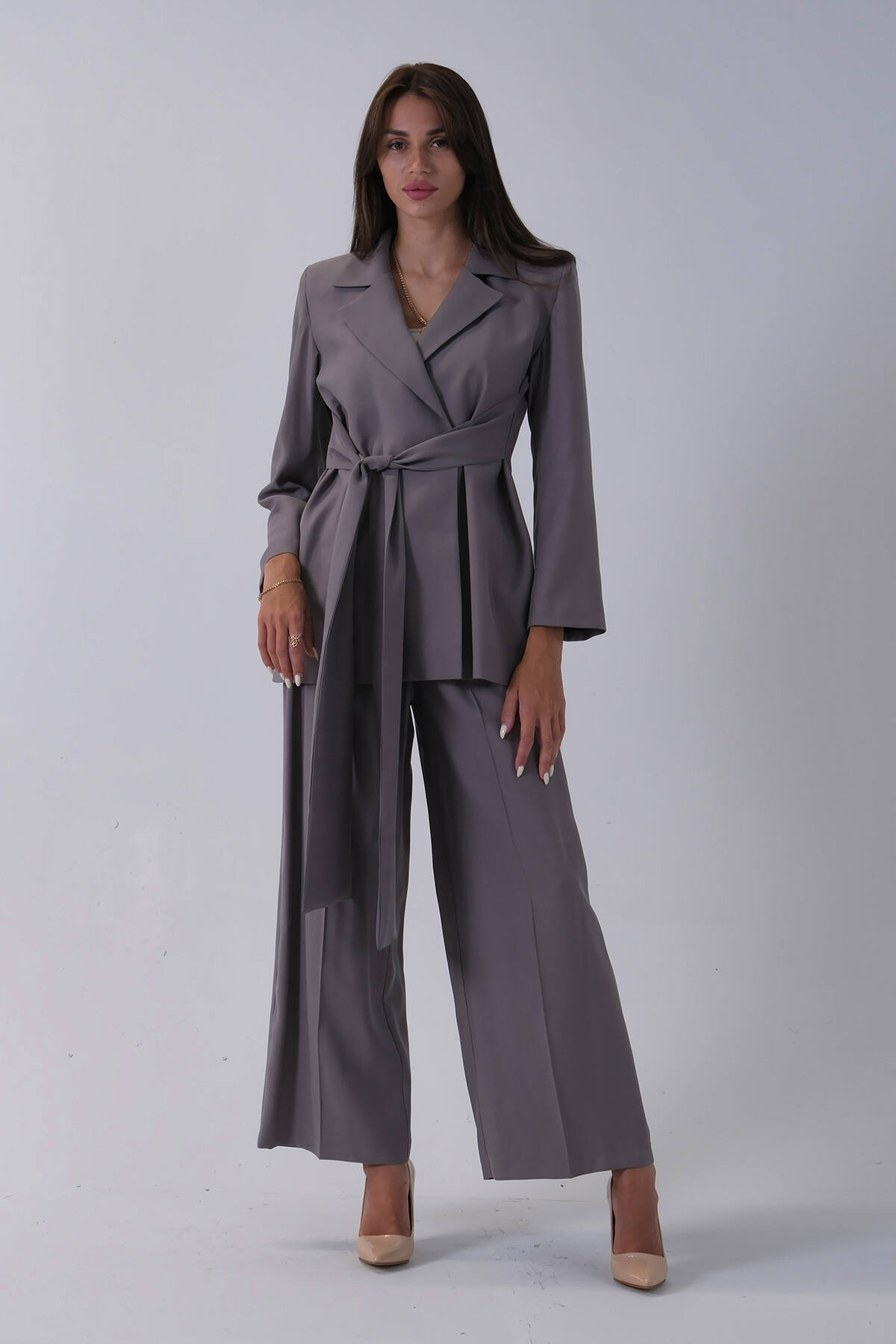 Gri Ceket Kuşak Bağlama Detaylı Pantolonlu Takım 0106327.06 - Ardanewline
