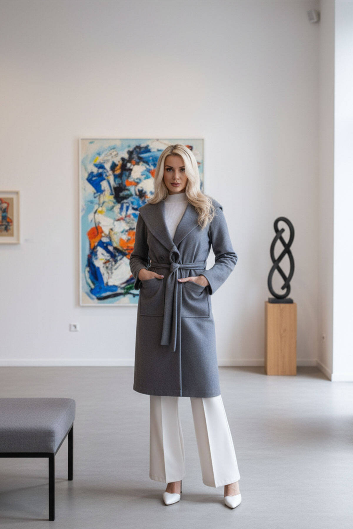 Gri Çift Cepli Kemer Bağlamalı Kapüşonlu Yün Kaban 0108089.06 - Ardanewline (1)