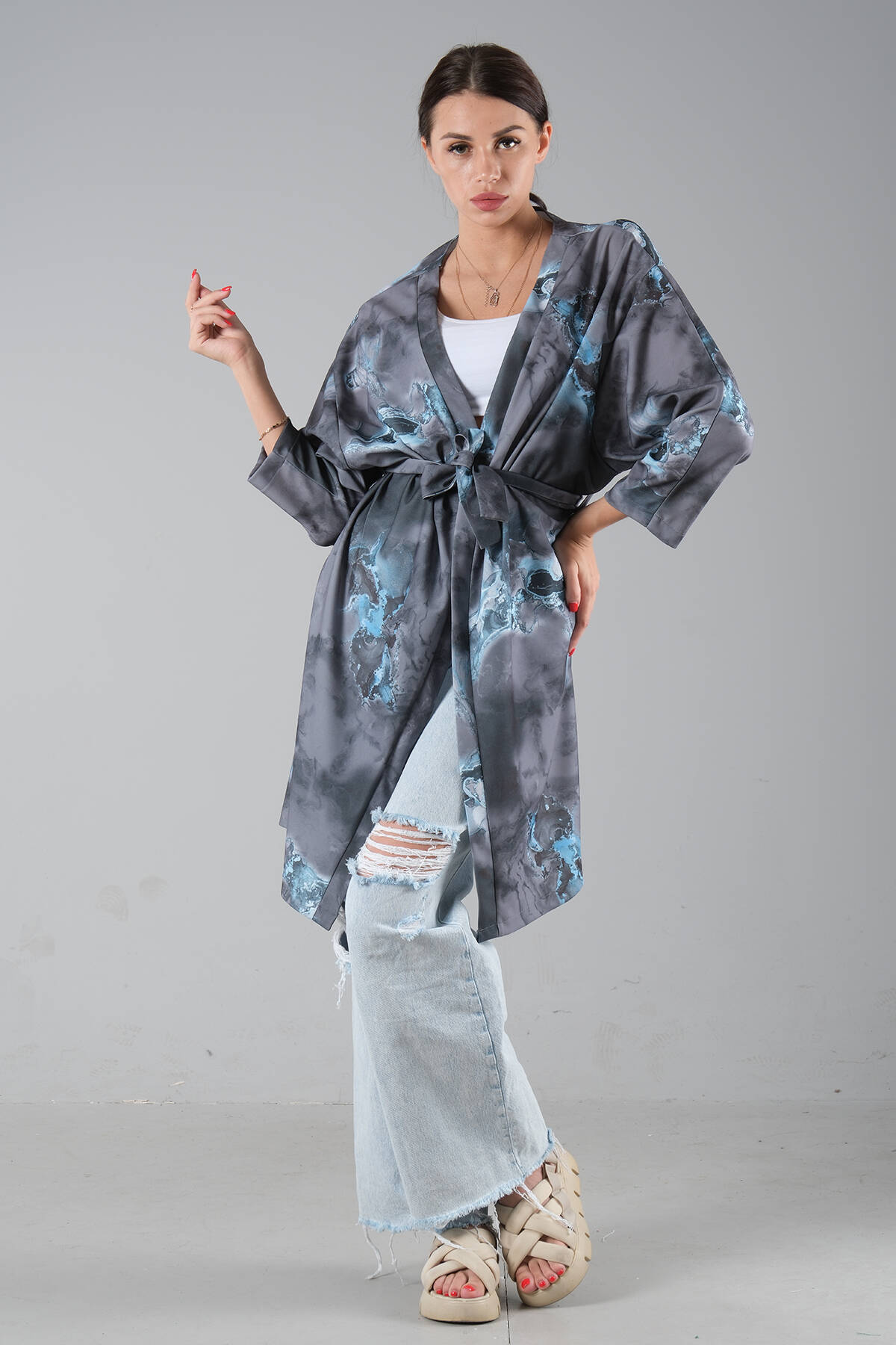 Gri Desenli Krep Kimono 0107129.06