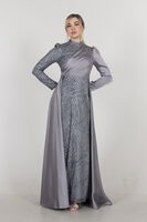 Gri Drape Ve Kuyruk Detaylı Simli Abiye Elbise 6502422.06 - 3