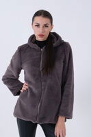 Gri Fermuarlı Oversize Kapüşonlu Çift Cepli Peluş Mont 0108078.06 - 4