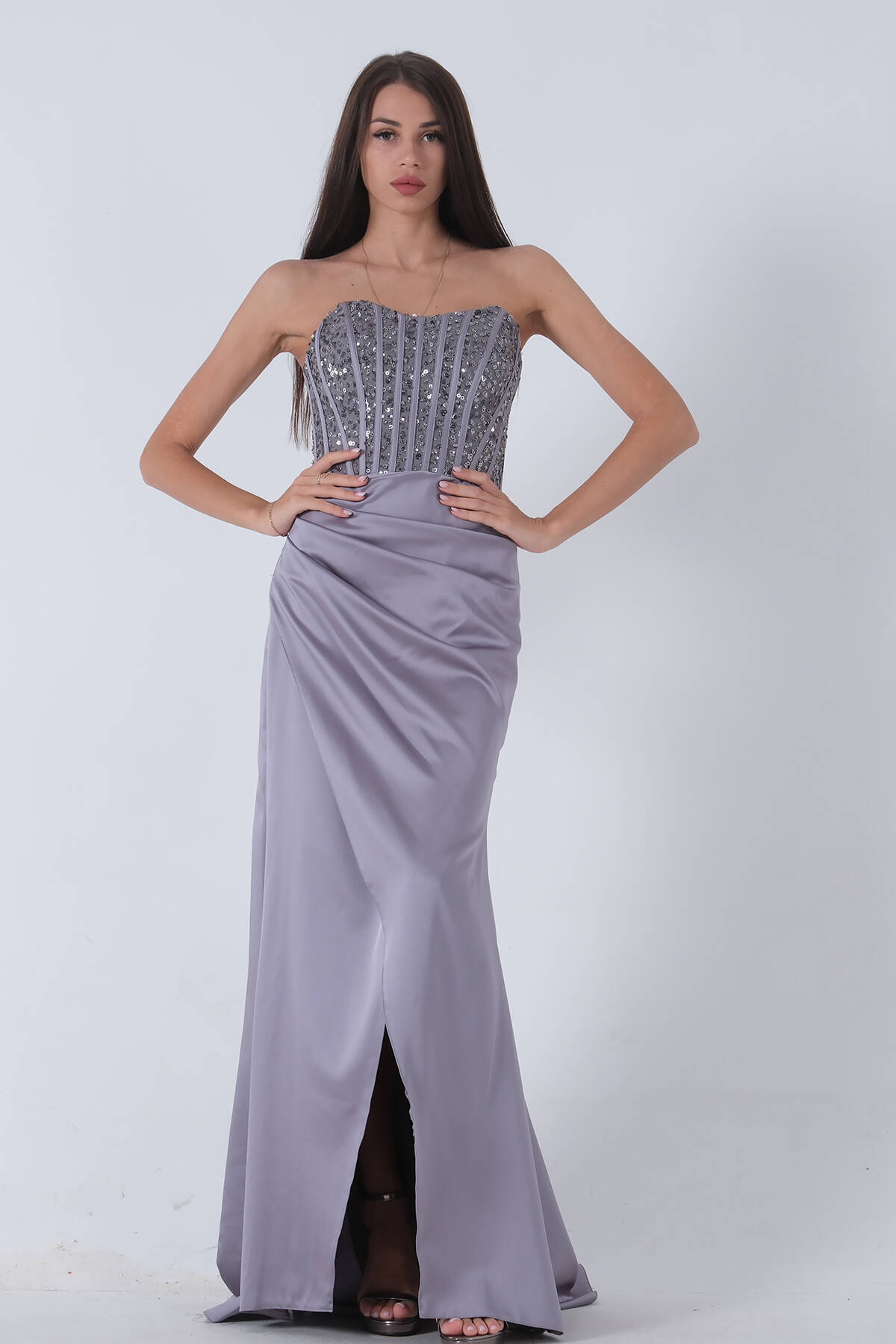 Gri Göğüs Pul ve Taşlı Saten Abiye 9705294.06 - Ardanewline