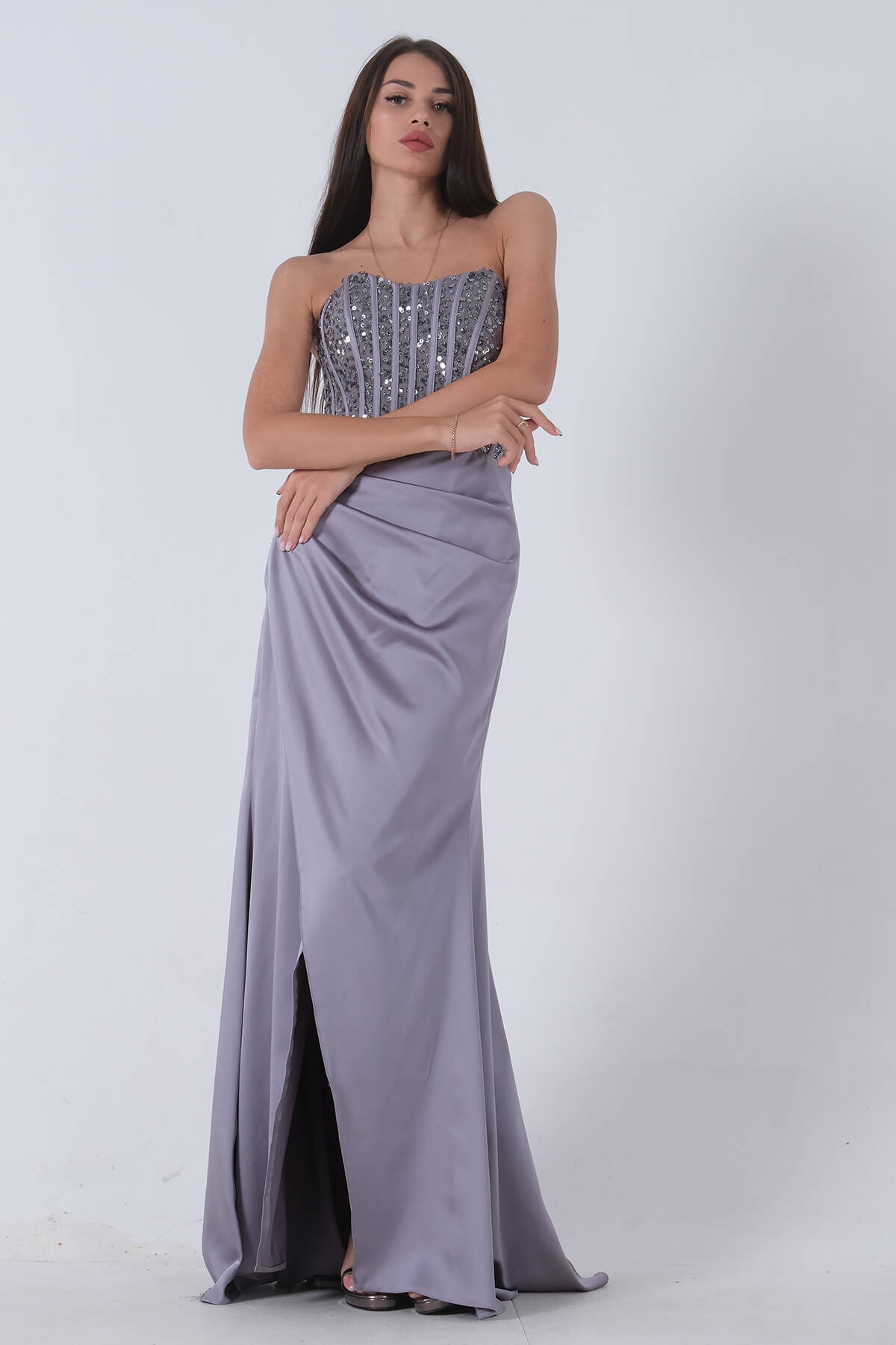 Gri Göğüs Pul ve Taşlı Saten Abiye 9705294.06 - Ardanewline (1)