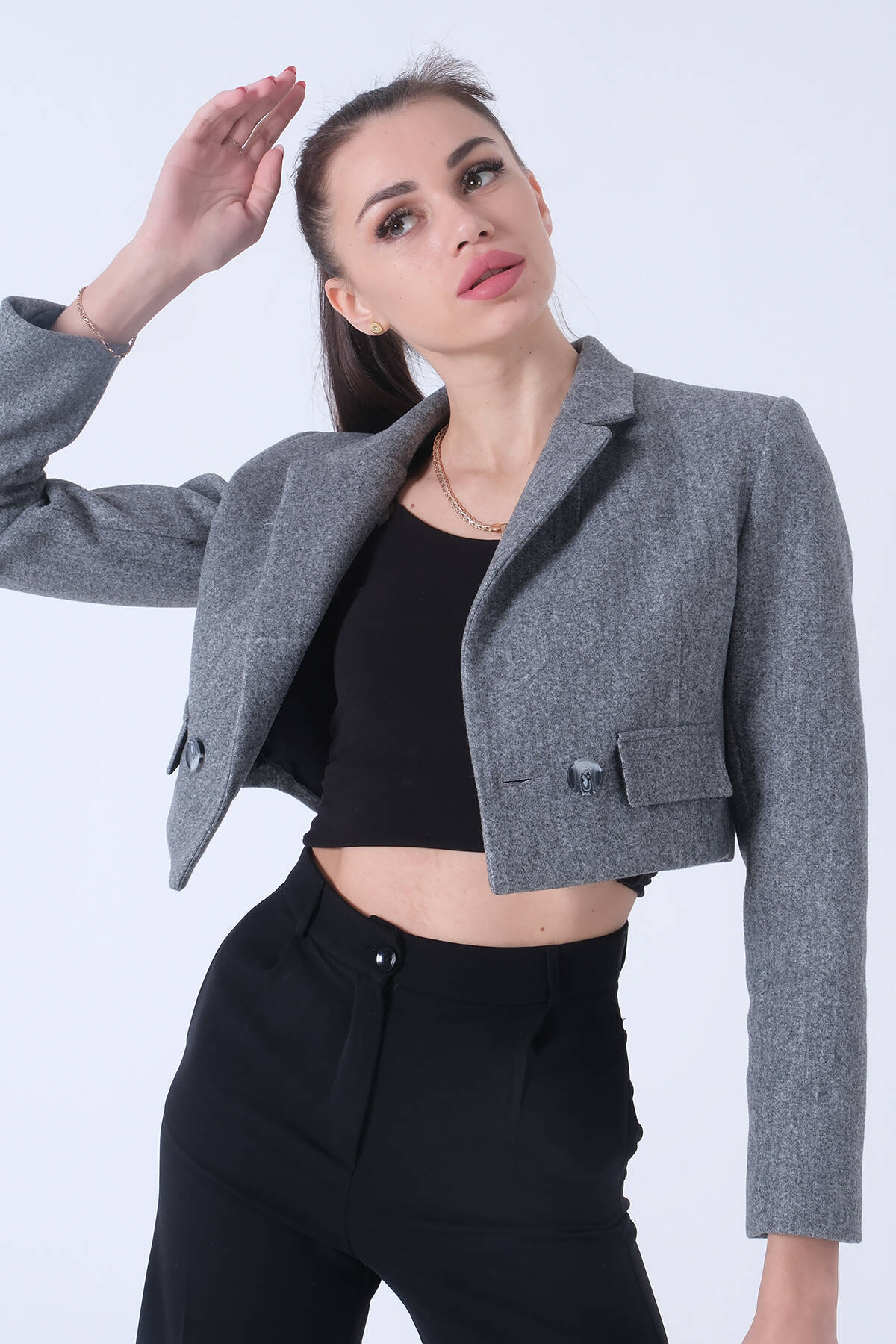 Gri Kruvaze Yaka Kaşe Crop Astarlı Blazer Ceket 0105125.06 - Ardanewline