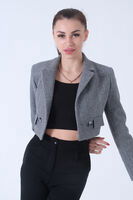 Gri Kruvaze Yaka Kaşe Crop Astarlı Blazer Ceket 0105125.06 - 5