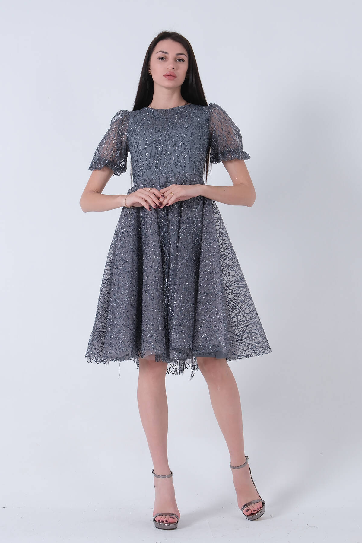 Gri Midi Boy Kısa Yuvarlak Yaka Simli Tül Abiye Elbise 6502459.06 - Ardanewline (1)