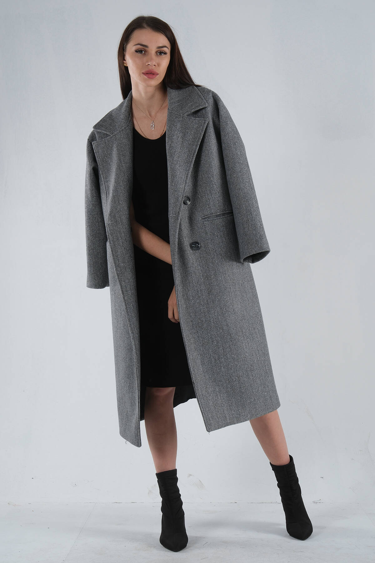 Gri Önden Düğmeli Oversize Örme Kaşe Kaban 0108068.06 - Ardanewline