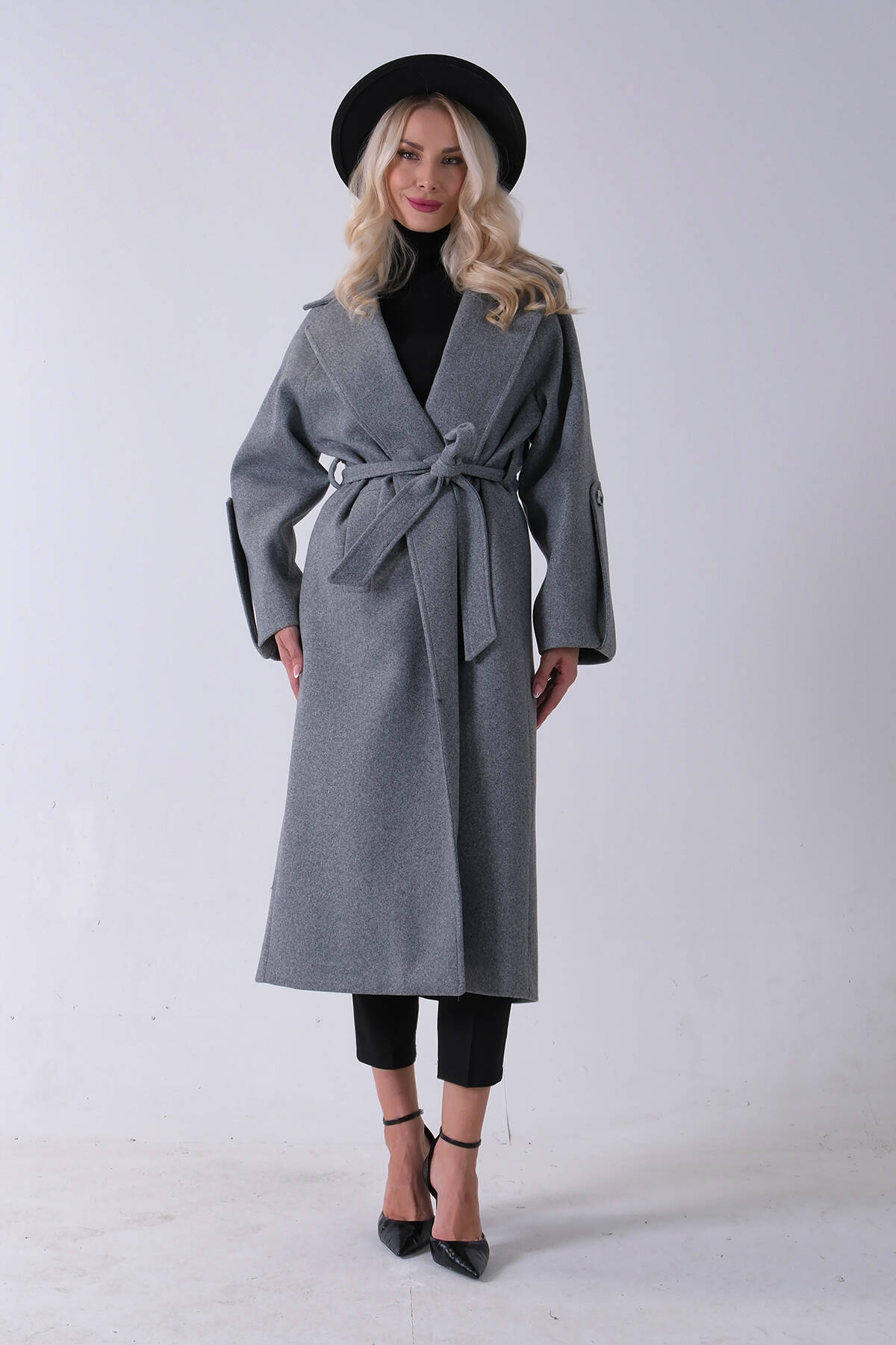 Gri Önden Düğmeli Oversize Örme Kaşe Kaban 0108081.06 - Ardanewline (1)