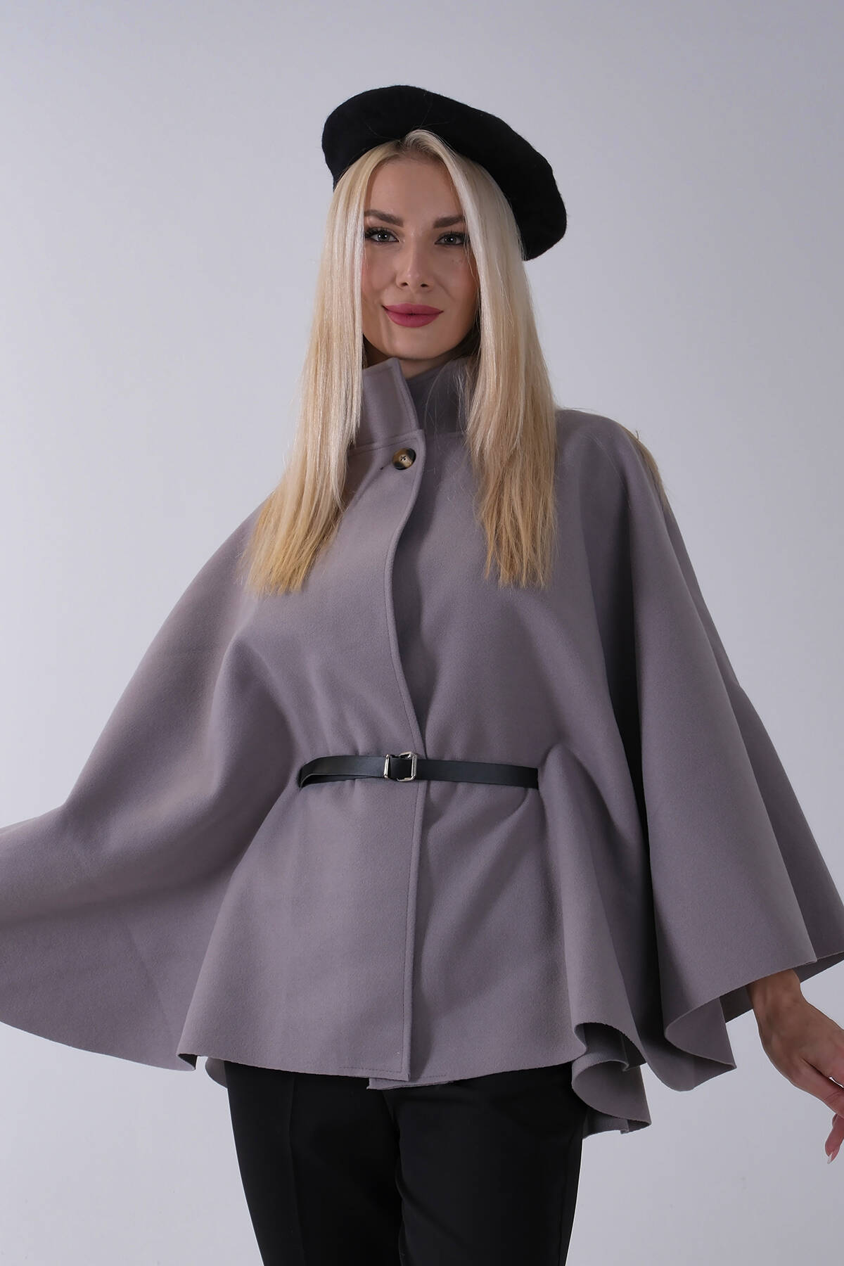 Gri Önü Tek Düğme Kapamalı Kemer Detaylı Panço 47122713.06 - Ardanewline