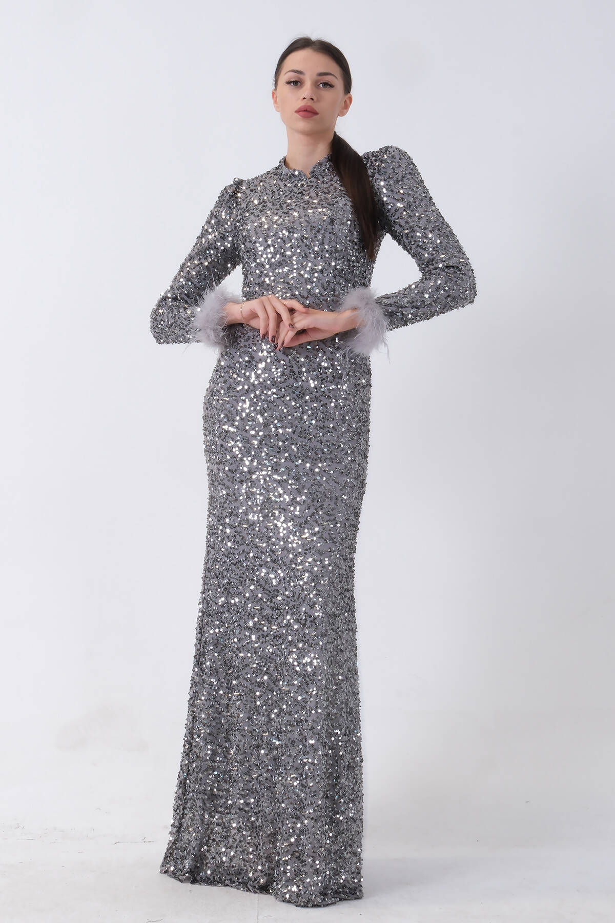 Gri Pul Payetli ve Tüy Detaylı Tesettür Abiye 6502490.06 - Ardanewline (1)