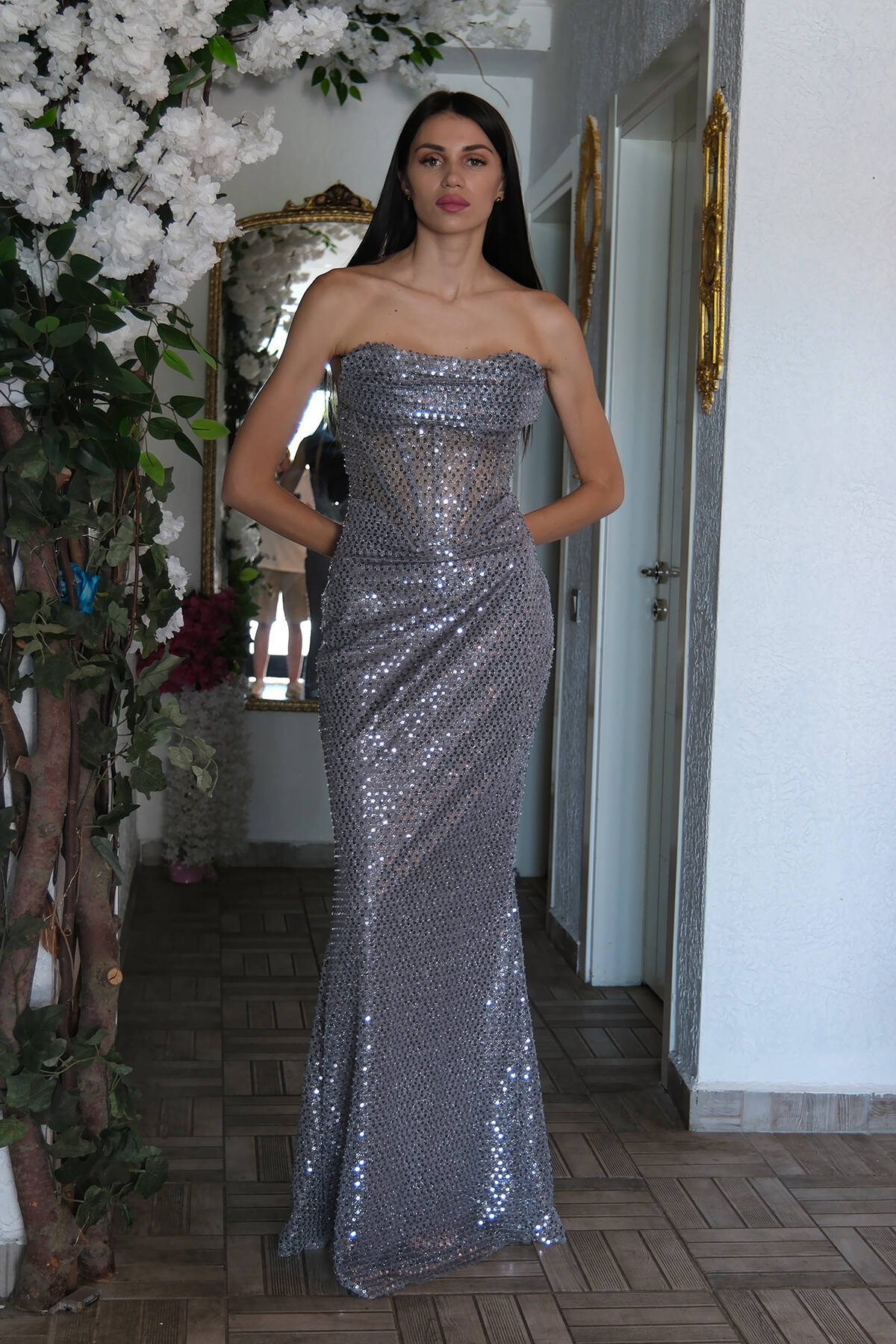 Gri Pul Taş İşlemeli Straplez Balık Abiye 9705304.06 - Ardanewline (1)