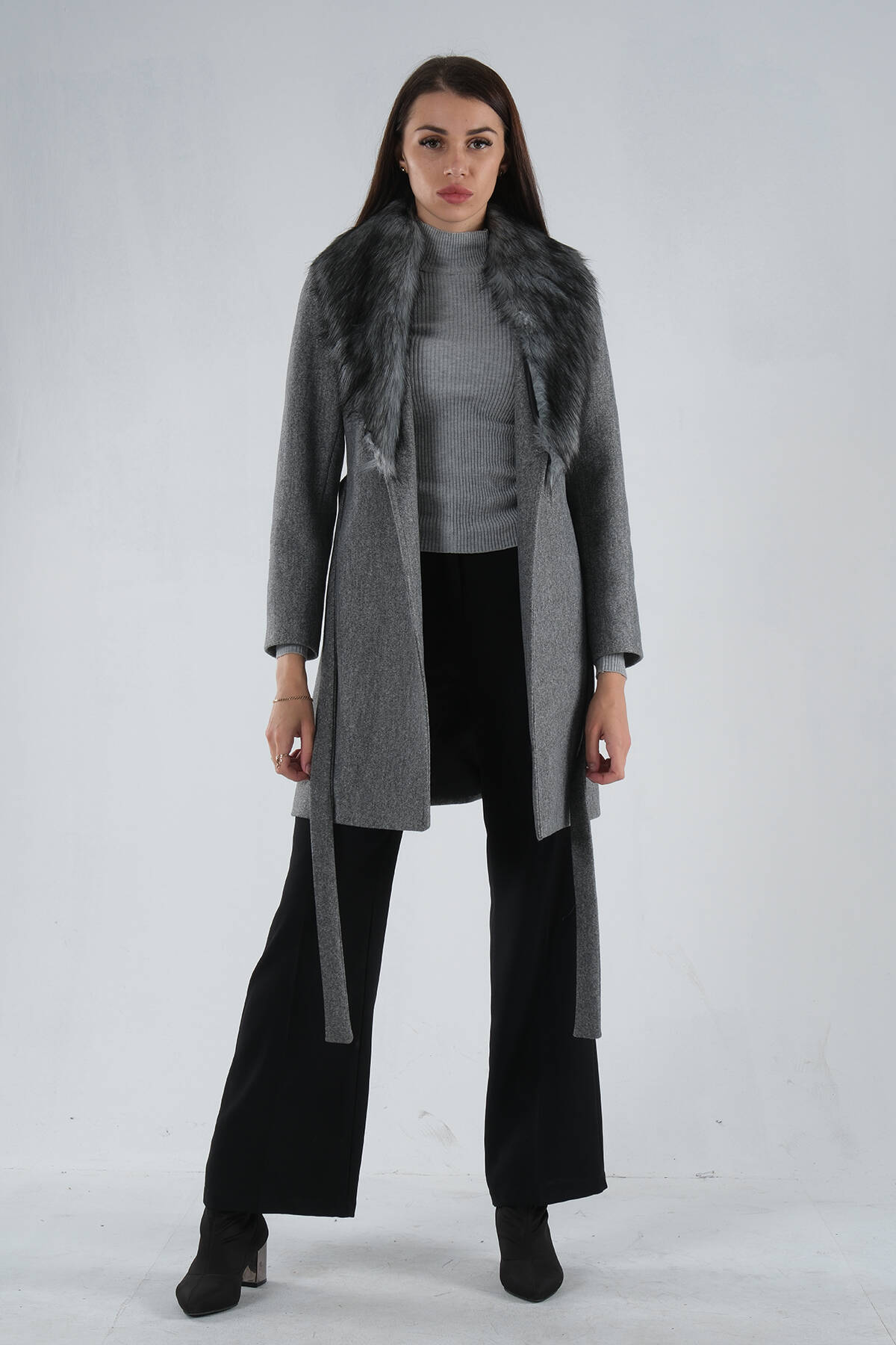 Gri Seyyar Kürklü Çift Cepli Kaşe Kaban 0108080.06 - Ardanewline