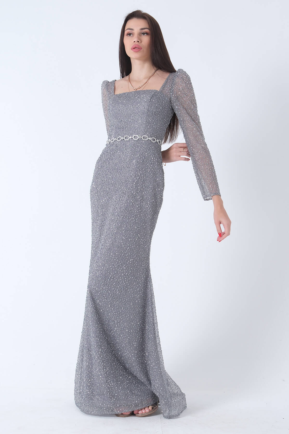 Gri Taş İşlemeli Balık Abiye Elbise 9705141.06 - Ardanewline