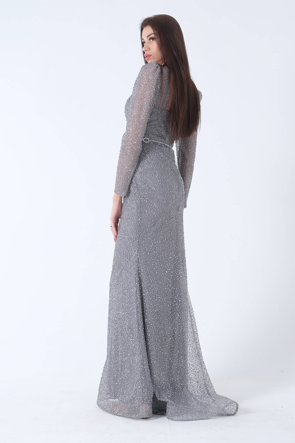 Gri Taş İşlemeli Balık Abiye Elbise 9705141.06 - Ardanewline (1)