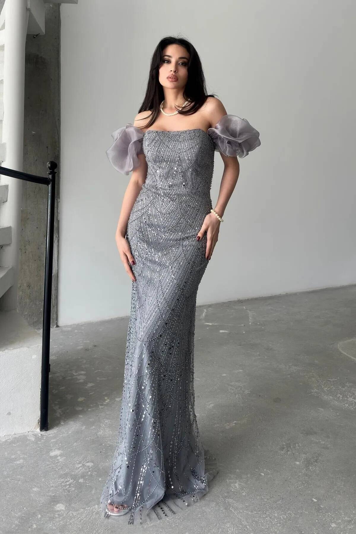 Gri Taş İşlemeli Balon Kol Abiye 0801053.06 - Ardanewline