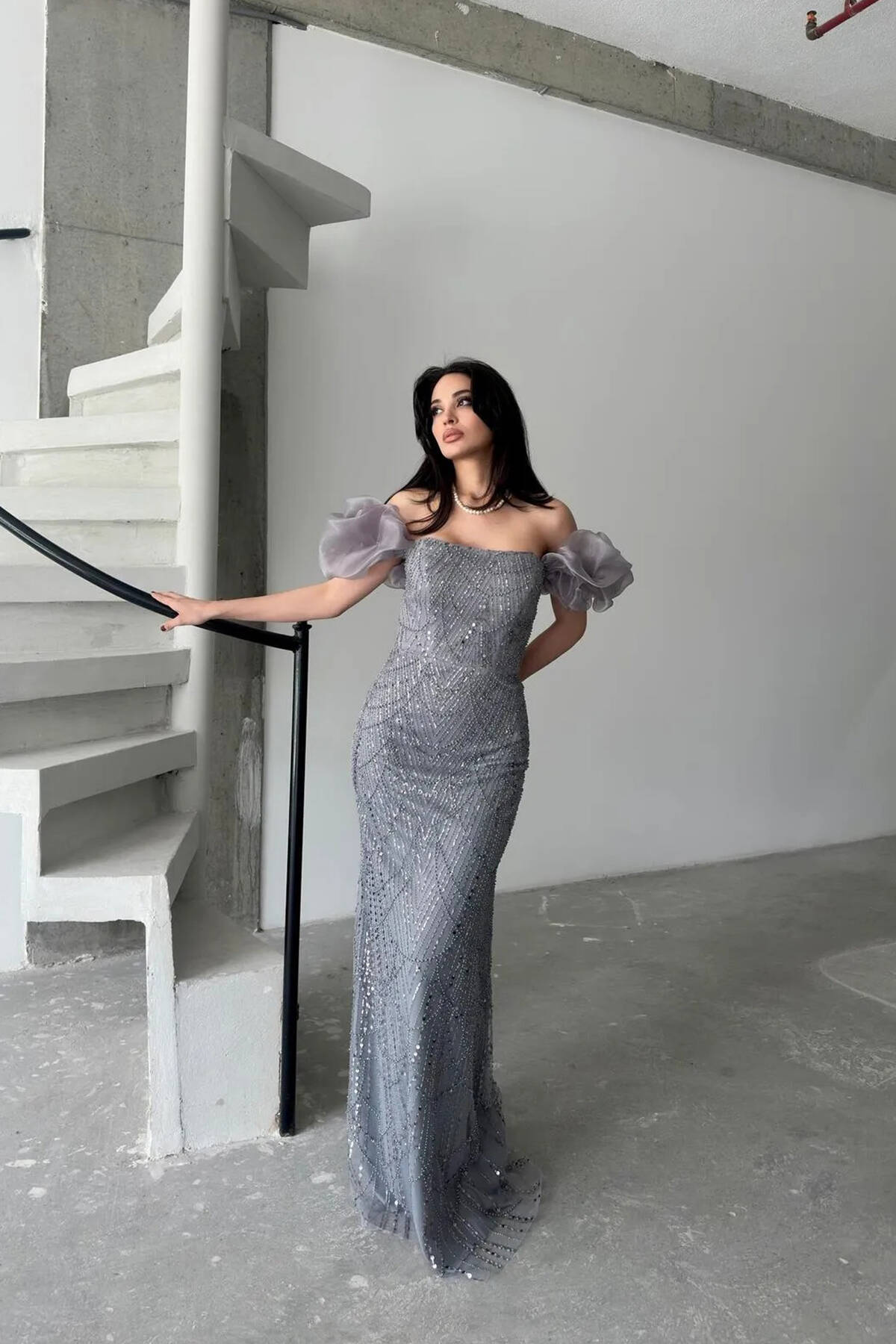 Gri Taş İşlemeli Balon Kol Abiye 0801053.06 - Ardanewline (1)