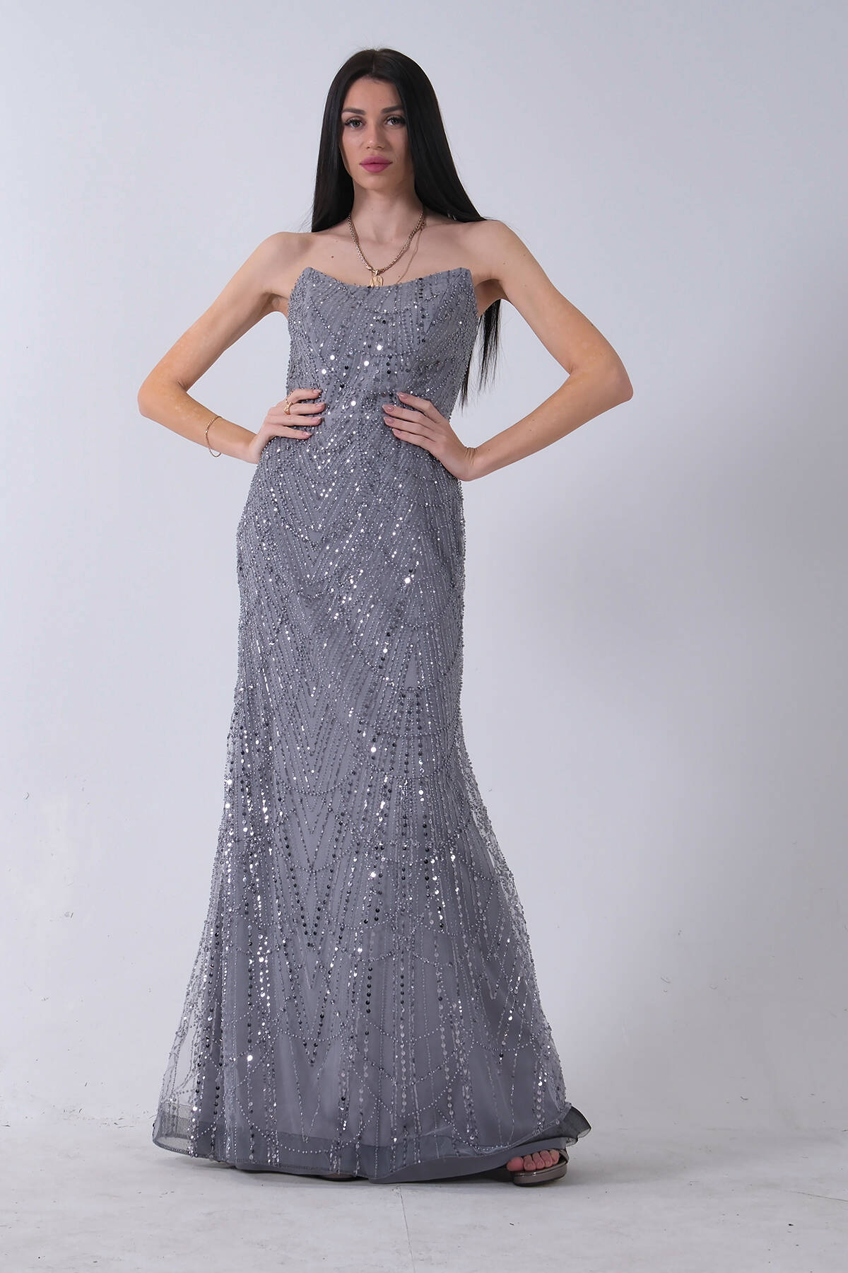 Gri Taş İşlemeli Uzun Balık Abiye 0801056.06 - Ardanewline