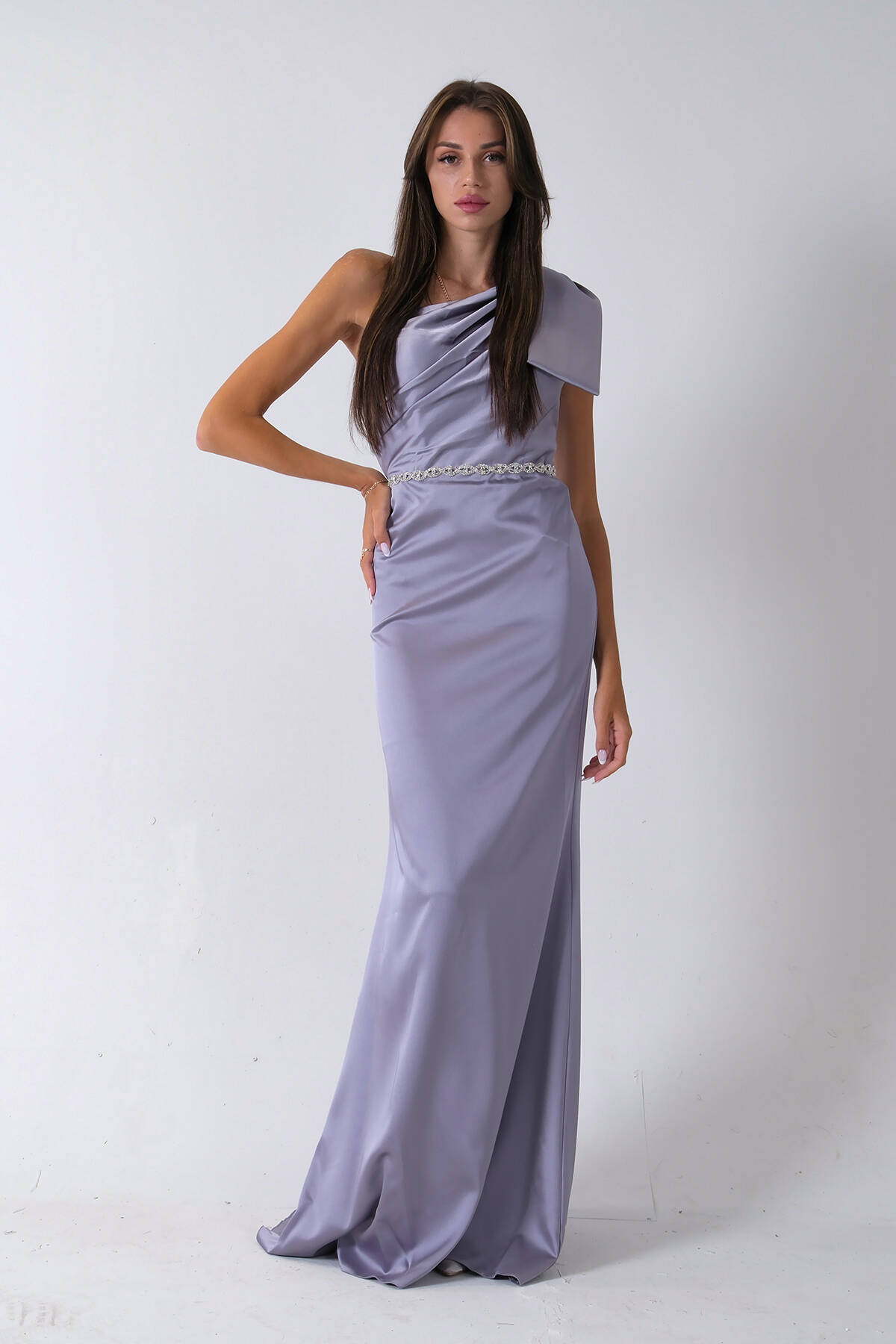 Gri Tek Omuz Drapeli Taş Detaylı Abiye 0801009.06 - Ardanewline