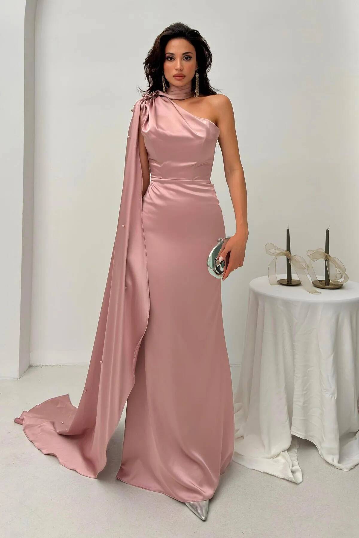 Gül Yaka Kuşak Detaylı Tek Omuz Abiye 0801099.25 - Ardanewline