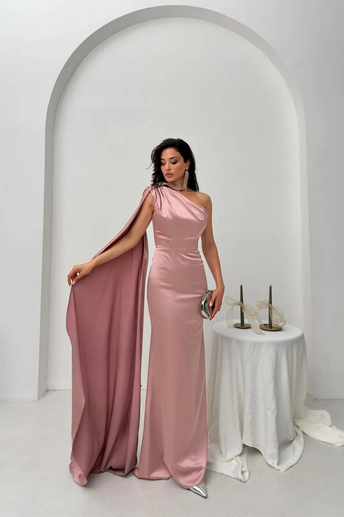 Gül Yaka Kuşak Detaylı Tek Omuz Abiye 0801099.25 - Ardanewline (1)