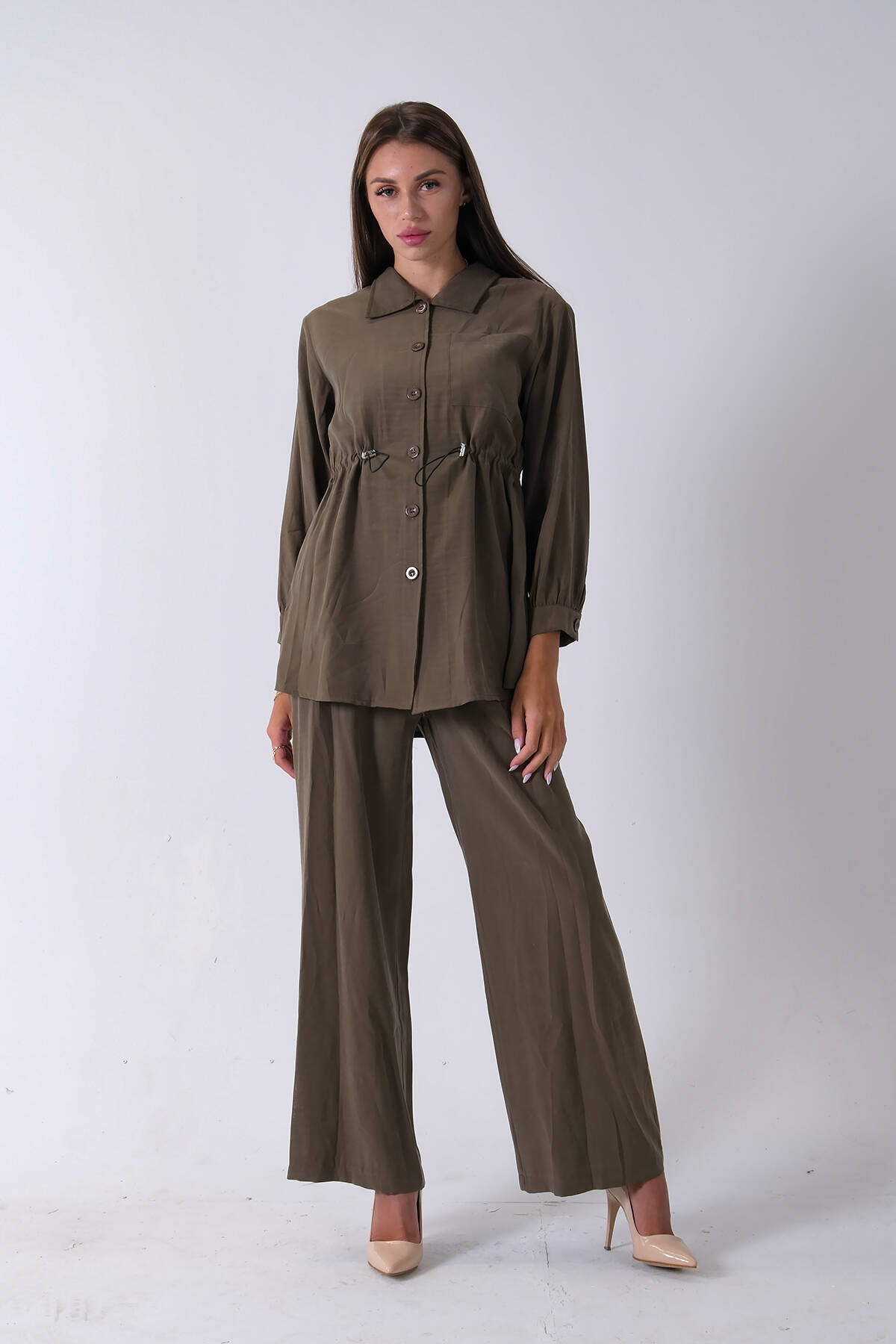 Haki Beli Kemerli Gömlek Yaka Tunik Pantolonlu Takım 4592258.23 - Ardanewline