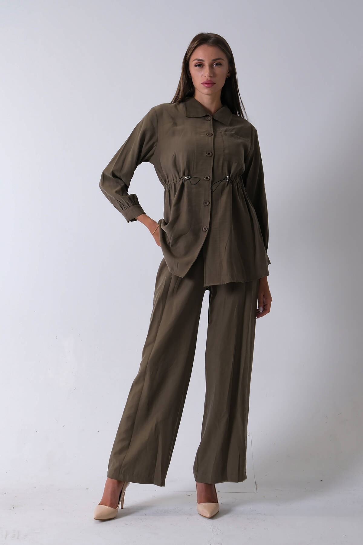 Haki Beli Kemerli Gömlek Yaka Tunik Pantolonlu Takım 4592258.23 - Ardanewline (1)