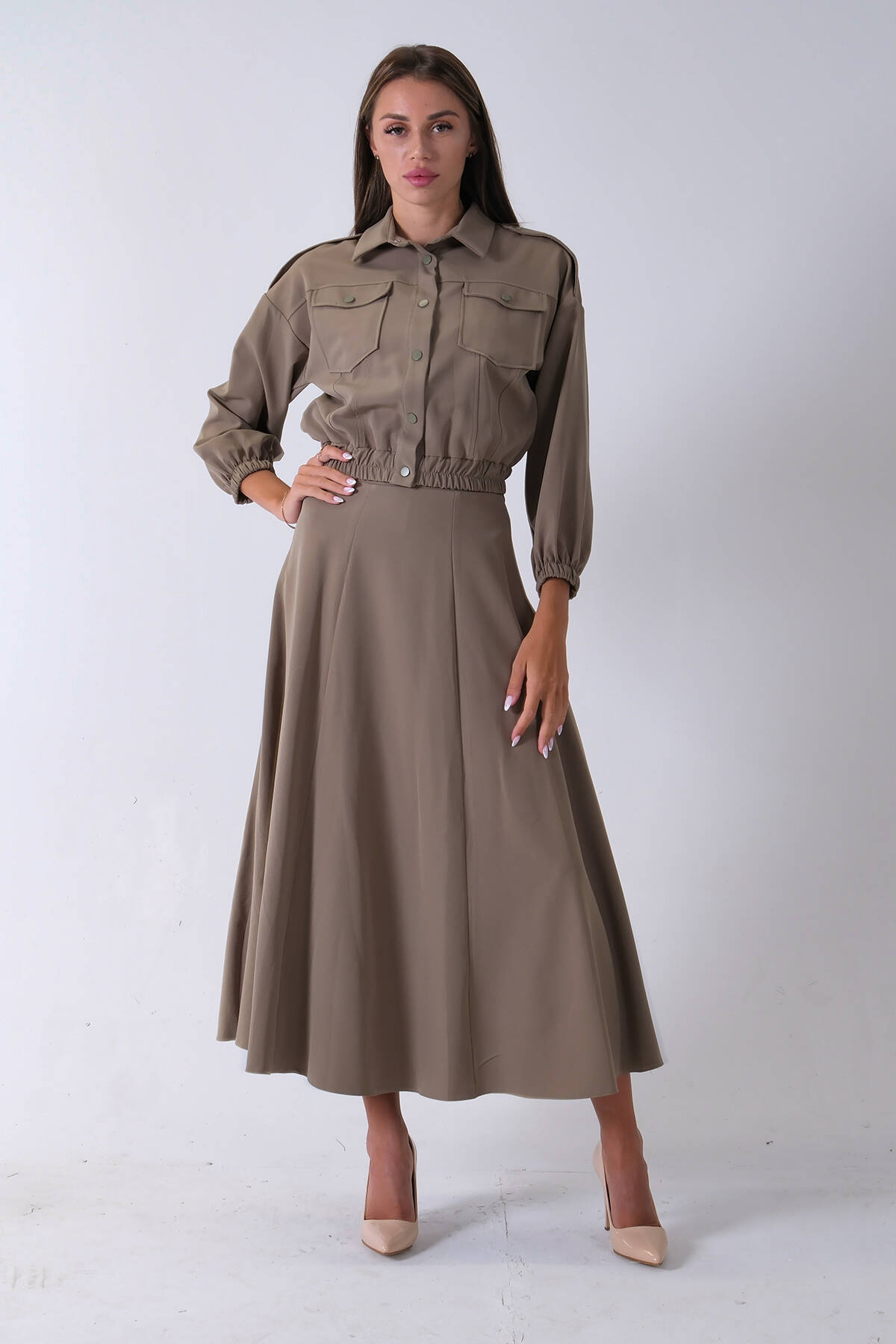 Haki Beli Lastikli Cepli Ceket ve Etek İkili Takım 4595053.23 - Ardanewline