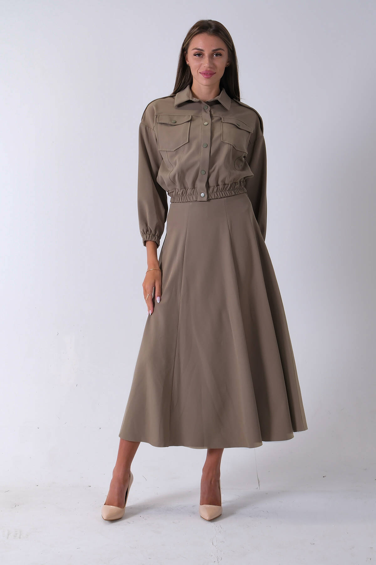 Haki Beli Lastikli Cepli Ceket ve Etek İkili Takım 4595053.23 - Ardanewline (1)