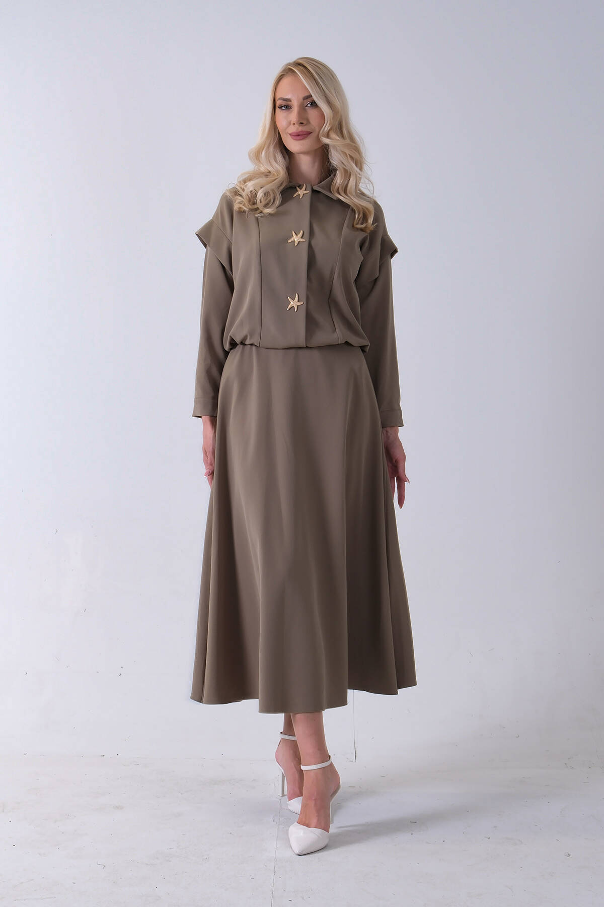 Haki Beli Lastikli Deniz Yıldızı Çıt Çıt Kapamalı Ceket Detaylı Etekli Takım 4592269.23 - Ardanewline