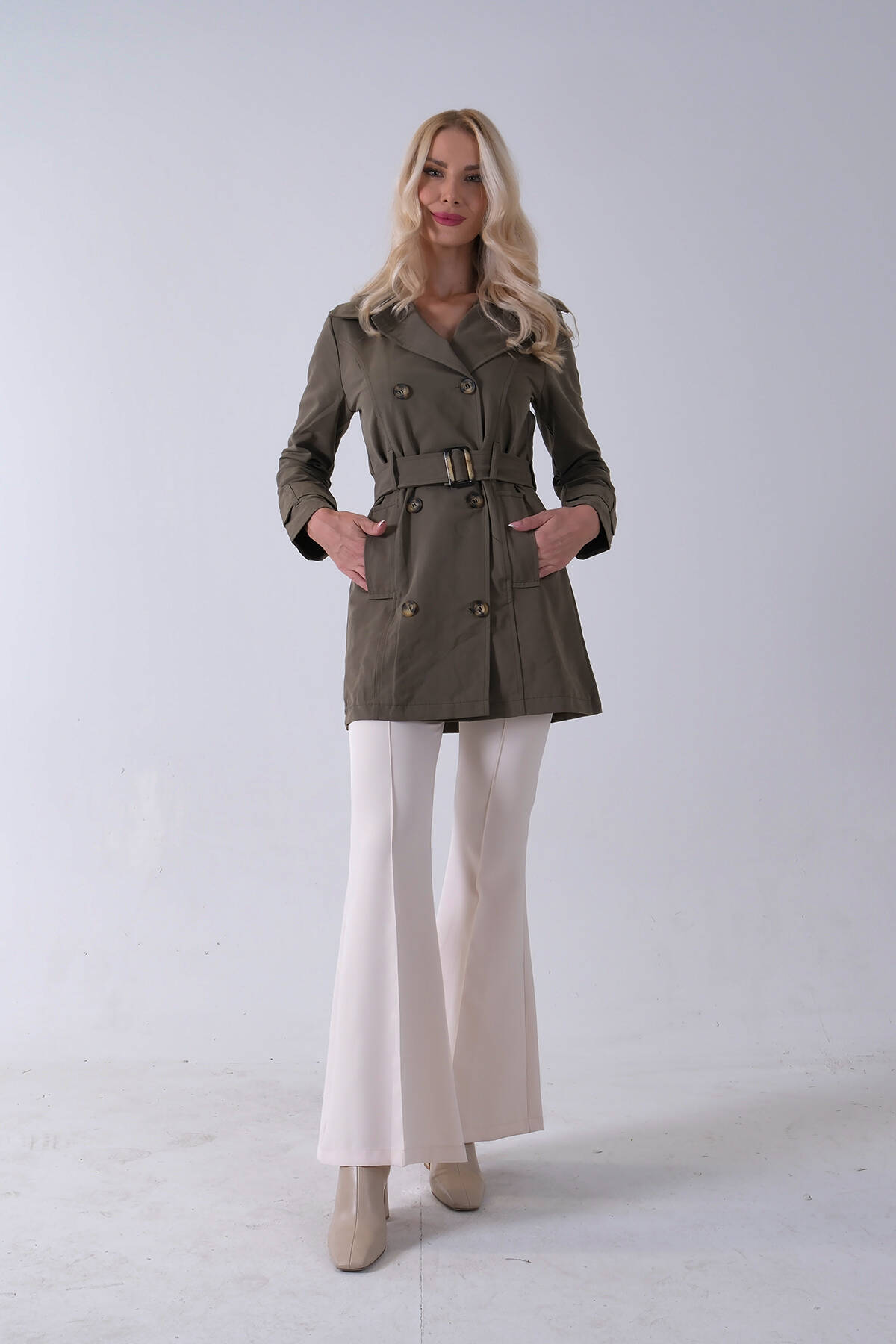 Haki Bilek ve Omuz Apolet Detaylı Kemerli Düğme Kapamalı Trenç 4200829.23 - Ardanewline