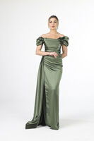 Haki Drape Detaylı Saten Kumaş Abiye Elbise 9704858.23 - 1