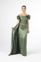 Haki Drape Detaylı Saten Kumaş Abiye Elbise 9704858.23 - 2