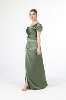 Haki Drape Detaylı Saten Kumaş Abiye Elbise 9704858.23 - 3