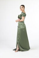Haki Drape Detaylı Saten Kumaş Abiye Elbise 9704858.23 - 4