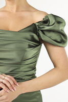 Haki Drape Detaylı Saten Kumaş Abiye Elbise 9704858.23 - 7