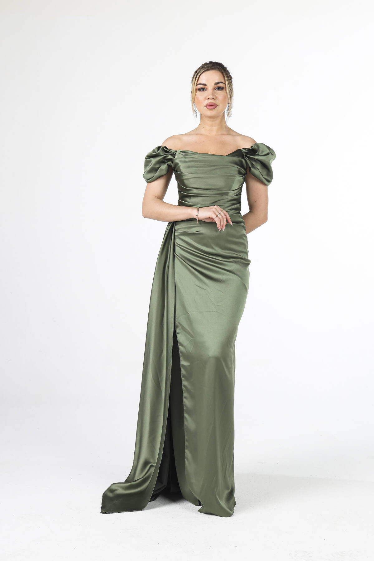 Haki Drape Detaylı Saten Kumaş Abiye Elbise 9704858.23 - Ardanewline