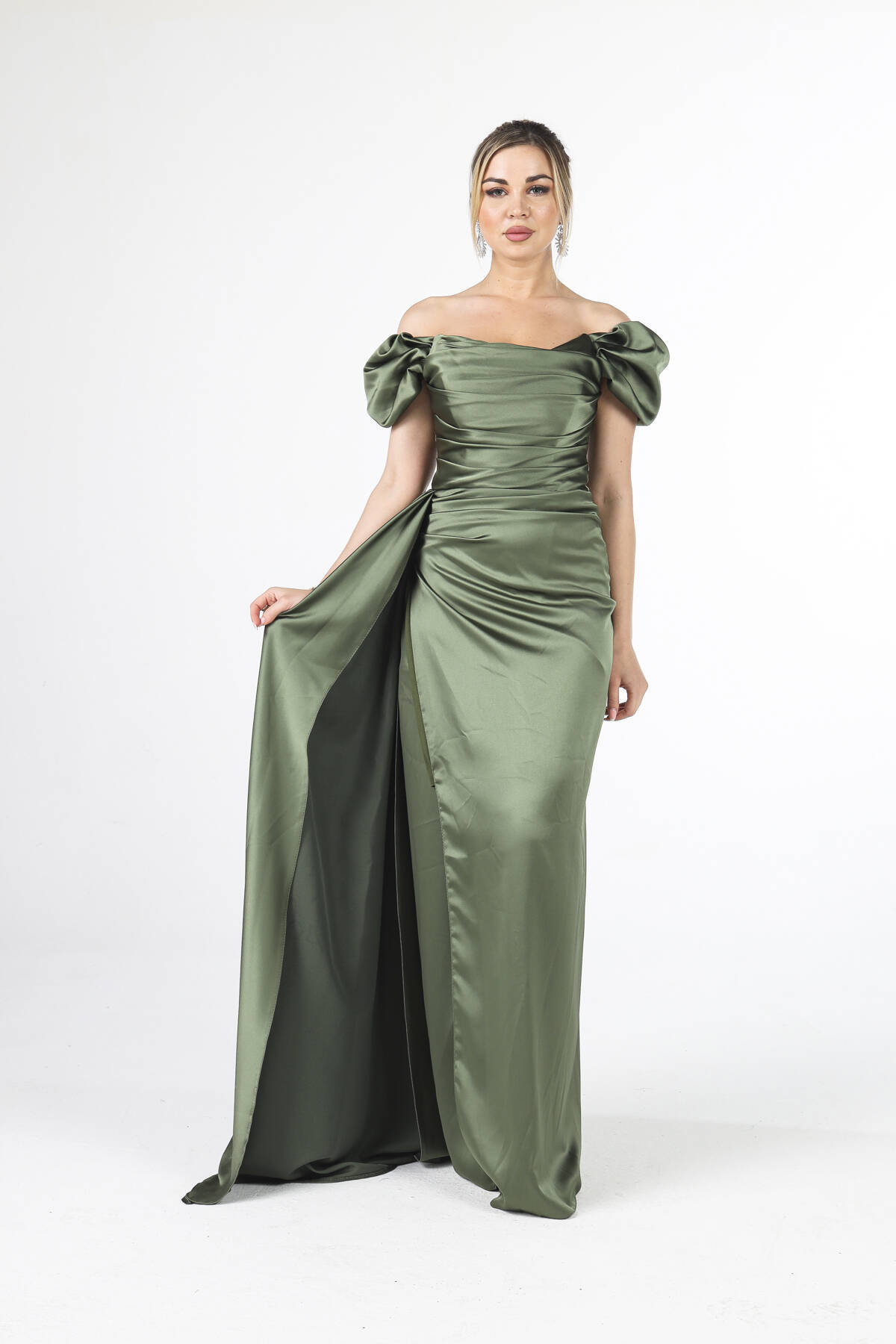 Haki Drape Detaylı Saten Kumaş Abiye Elbise 9704858.23 - Ardanewline (1)